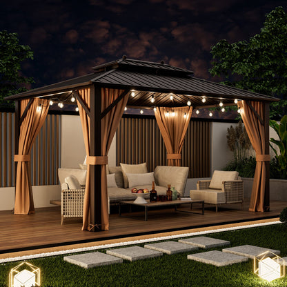 10 x 13 hardtop gazebo with string lights, tied-back curtains, and outdoor seating at night.