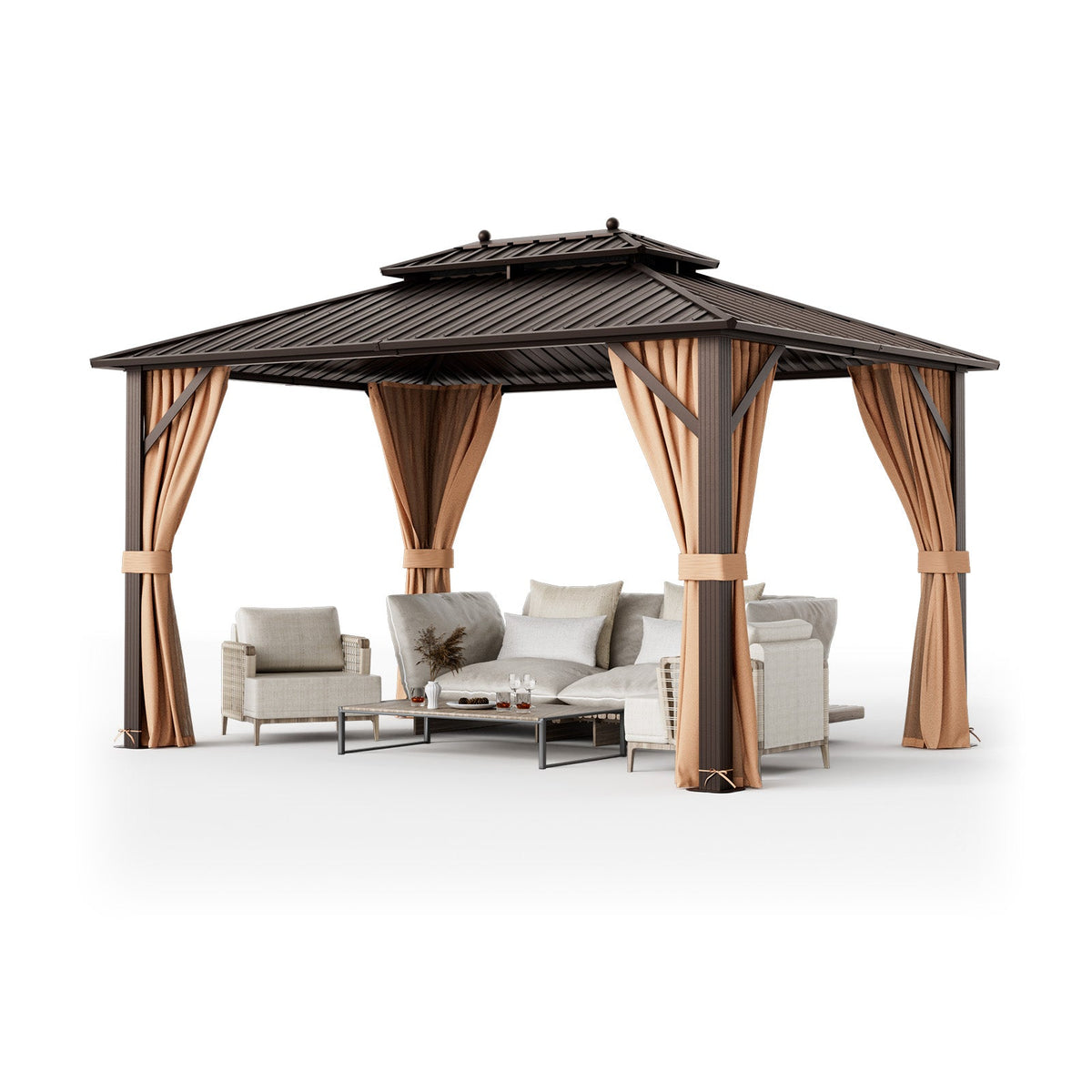 10 x 13 hardtop gazebo with galvanized steel double roof, tied-back curtains, and outdoor seating on a white background.