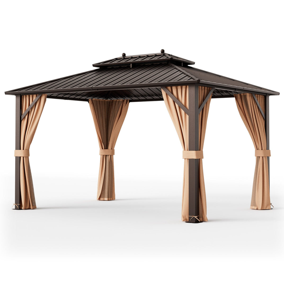 10 x 13 hardtop gazebo with galvanized steel double roof and tied-back curtains on a white background.