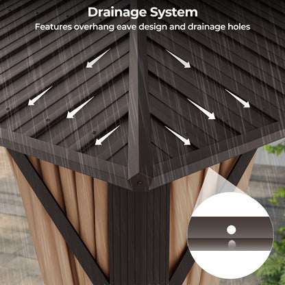 Close-up of the gazebo roof overhang and drainage holes.