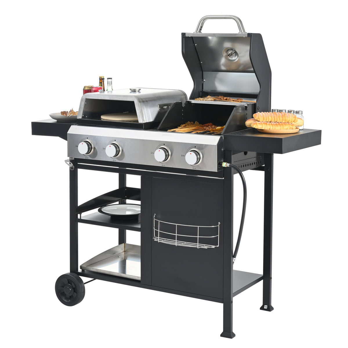 Gas grill, griddle, and pizza oven combo arranged in an outdoor setting.