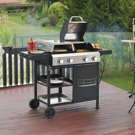 Black and silver gas grill and griddle combo with integrated pizza oven.