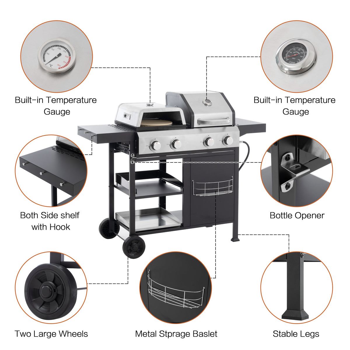 Barbecue grill with features highlighted, including temperature gauge, bottle opener, side shelves, wheels, and stable legs.