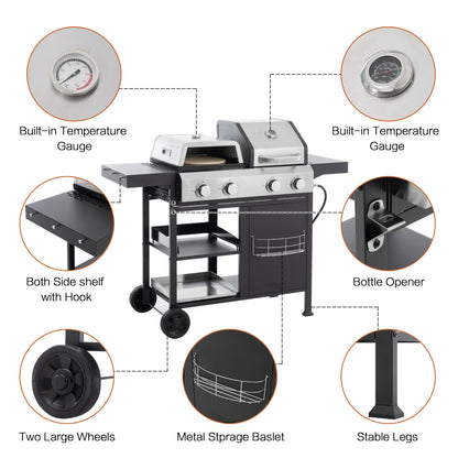 Barbecue grill with features highlighted, including temperature gauge, bottle opener, side shelves, wheels, and stable legs.