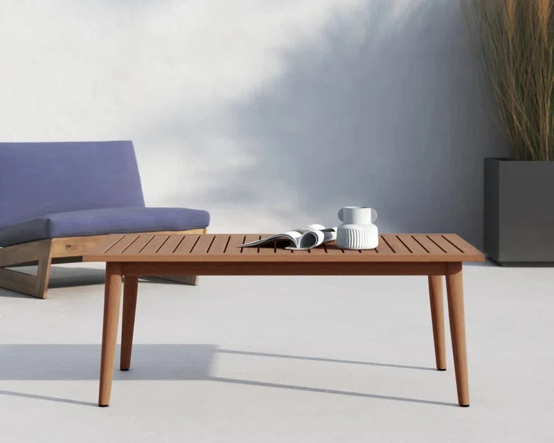 FSC eucalyptus outdoor coffee table with a slatted top on a white background.