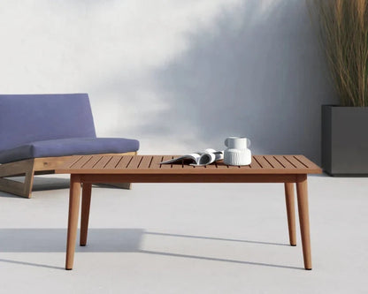 FSC eucalyptus outdoor coffee table with a slatted top on a white background.