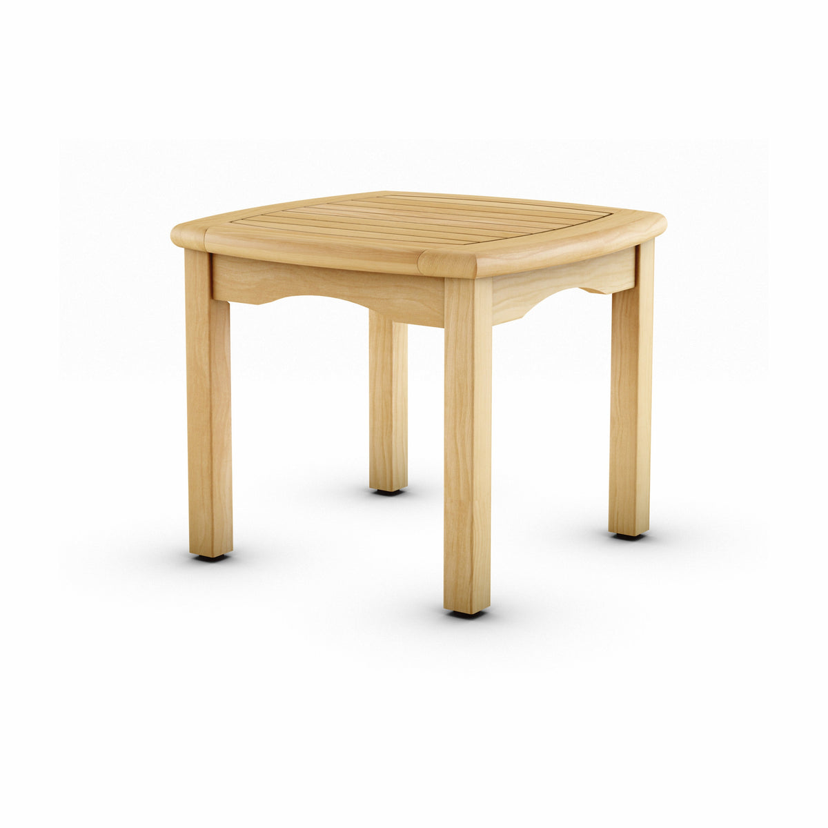 Solid teak side table shown on a white background.
