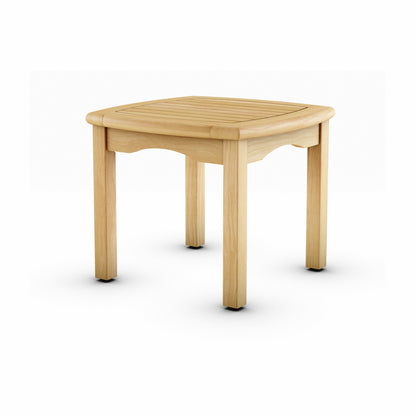 Solid teak side table shown on a white background.
