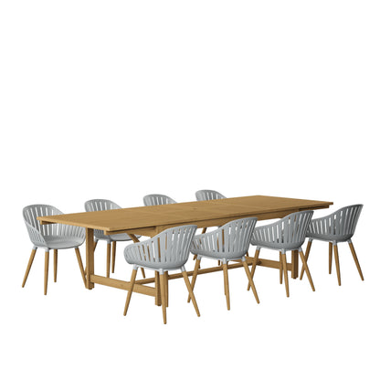 Leyland dining set configured with a table and eight Nassau grey armchairs.