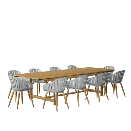 Leyland dining table and Nassau grey armchairs shown in an outdoor dining arrangement.