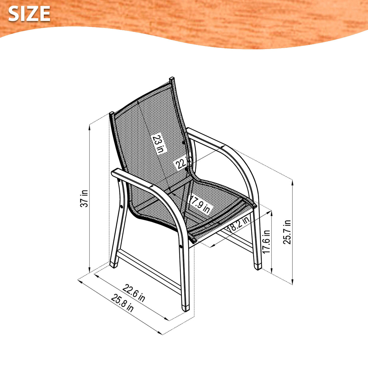 Black armchair dimension diagram showing overall chair measurements.