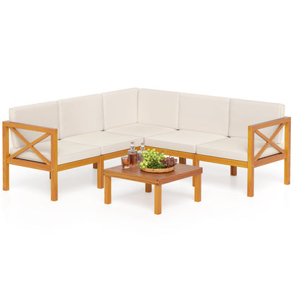 Off-white cushioned acacia wood outdoor sectional with a square coffee table on a white background.
