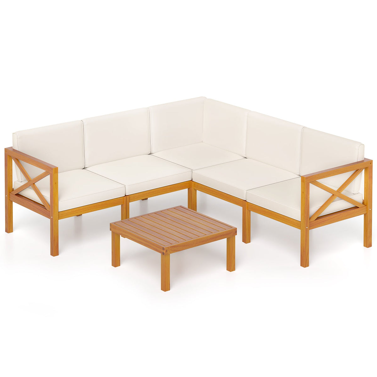 Off-white cushioned acacia wood outdoor sectional with a square coffee table on a white background.
