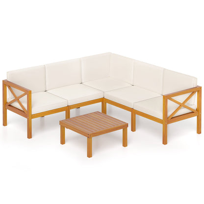 Off-white cushioned acacia wood outdoor sectional with a square coffee table on a white background.
