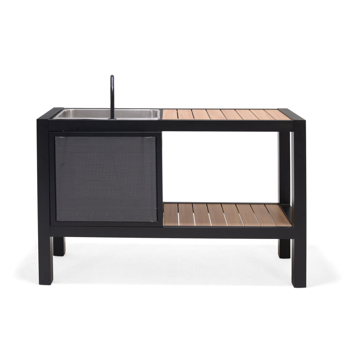 Aluminium outdoor kitchen station with stainless steel sink.