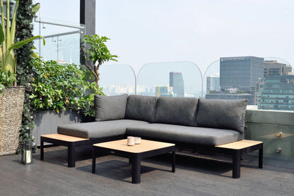 Two-seat outdoor sofa shown in a broader outdoor seating arrangement.