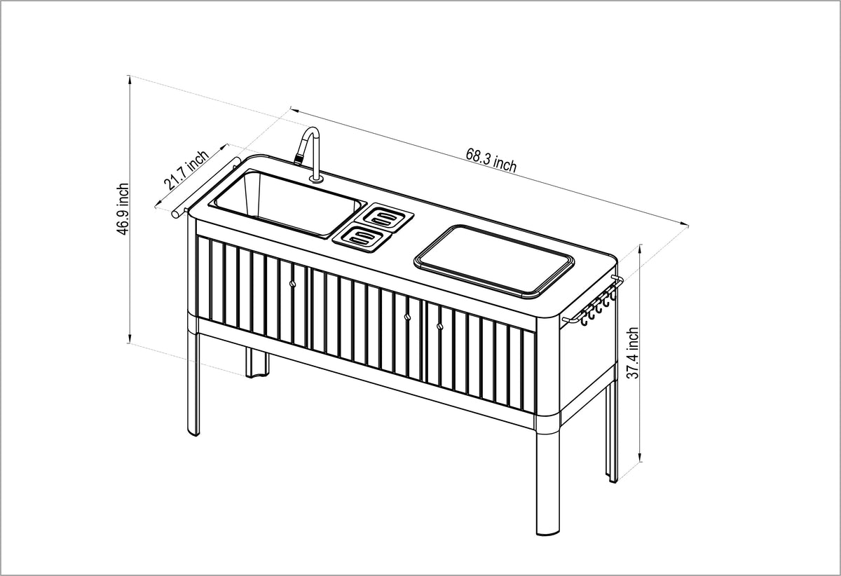 Product dimension diagram showing the portable outdoor kitchen from the front and side.
