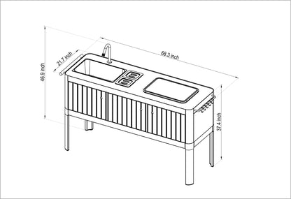 Product dimension diagram showing the portable outdoor kitchen from the front and side.