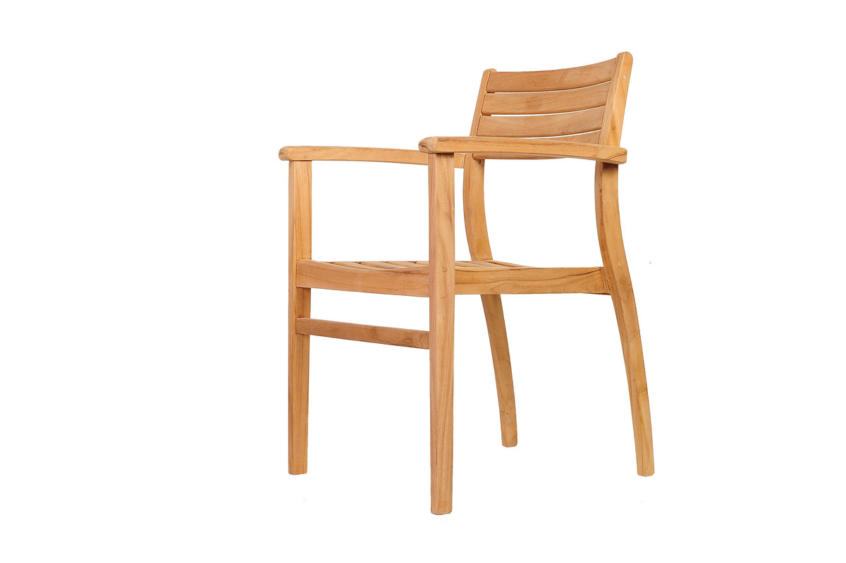 Two stackable solid teak armchairs shown together.
