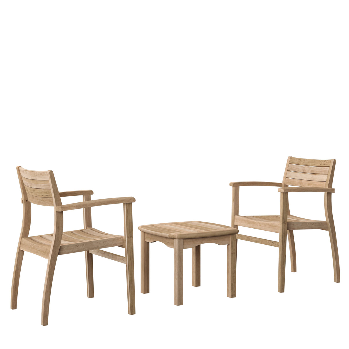 Teak side table with two teak armchairs on a white background.
