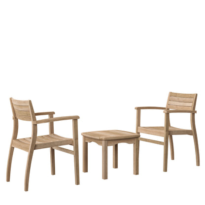 Teak side table with two teak armchairs on a white background.
