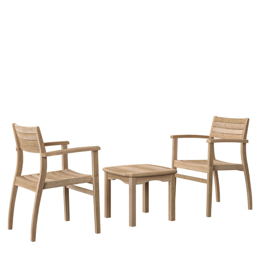 Teak side table with two teak armchairs on a white background.
