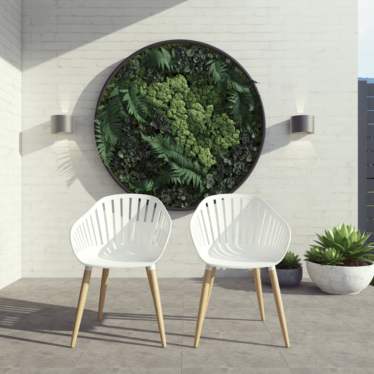 Two white resin armchairs with eucalyptus wood legs.