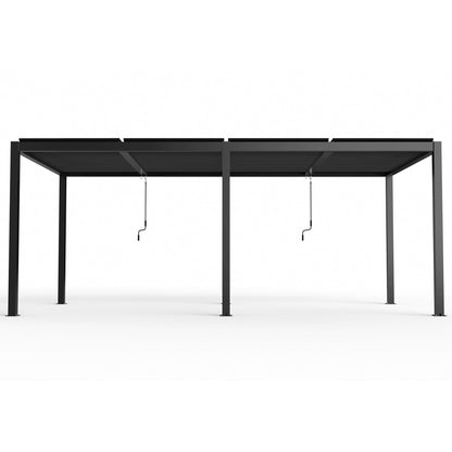 Black aluminum louver pergola shown in a clean front view with adjustable louvers and central posts