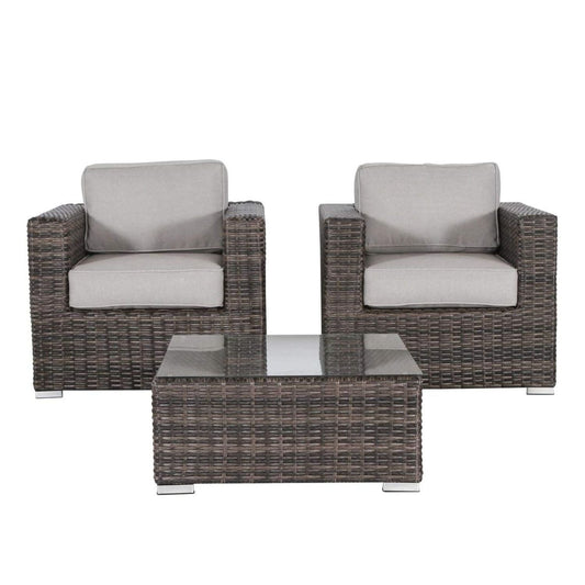 Dark brown wicker outdoor seating arrangement with two chairs and a table.