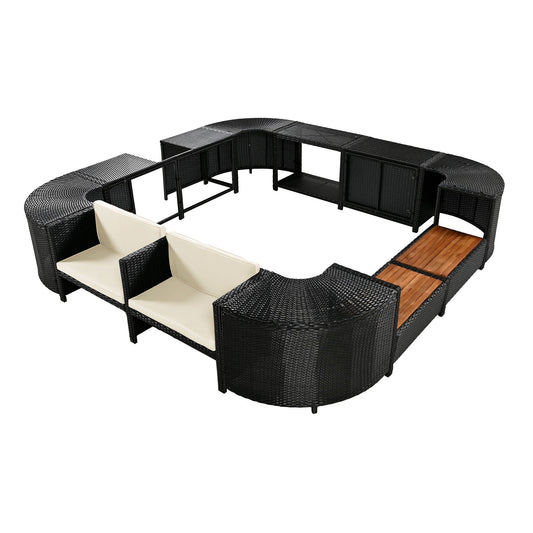 Studio view of the dark rattan spa surround with beige cushions and wooden seat surfaces.