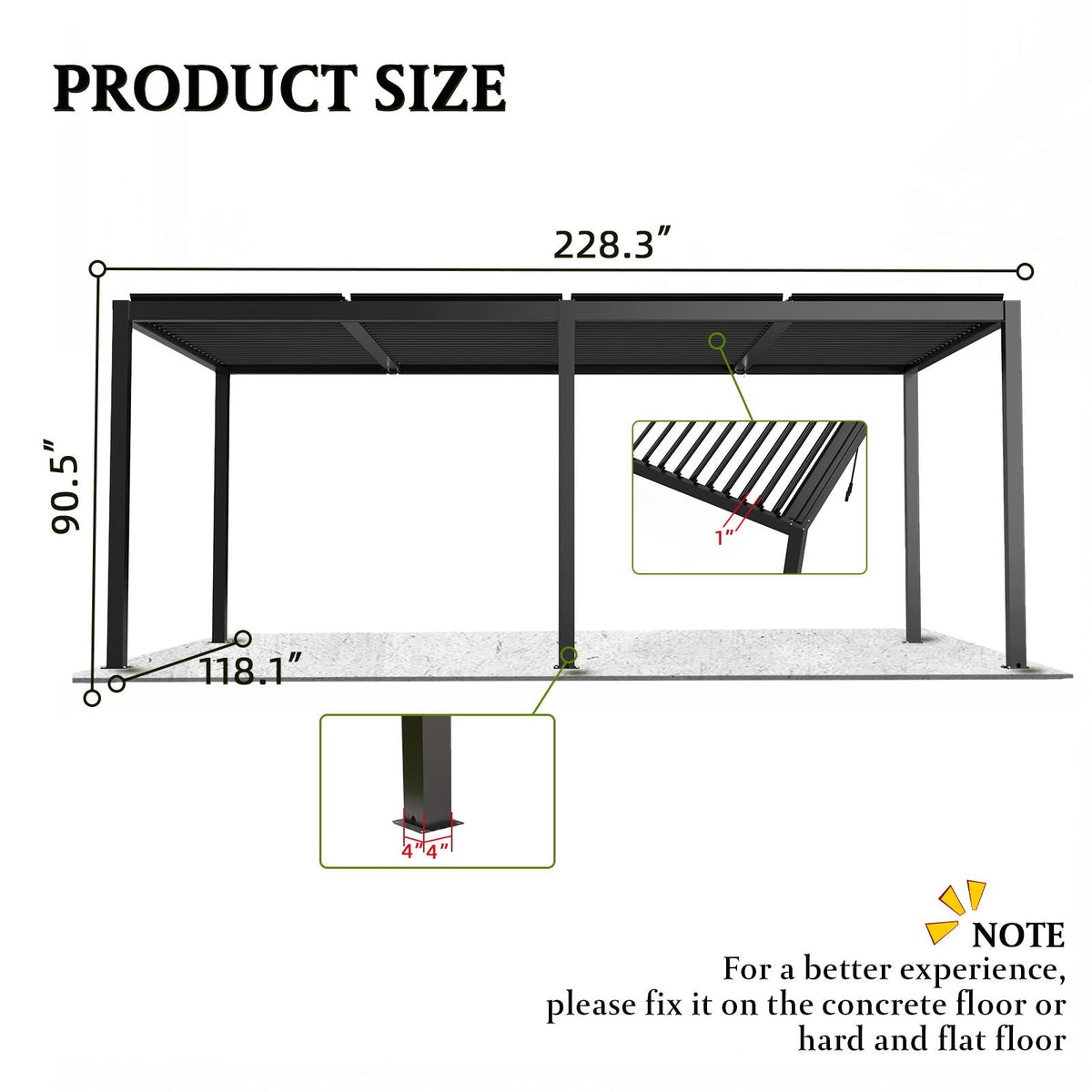 Black aluminum louver pergola dimensions shown as approximately 228.3 inches long, 118.1 inches wide, and 90.5 inches high.