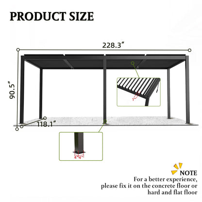 Black aluminum louver pergola dimensions shown as approximately 228.3 inches long, 118.1 inches wide, and 90.5 inches high.