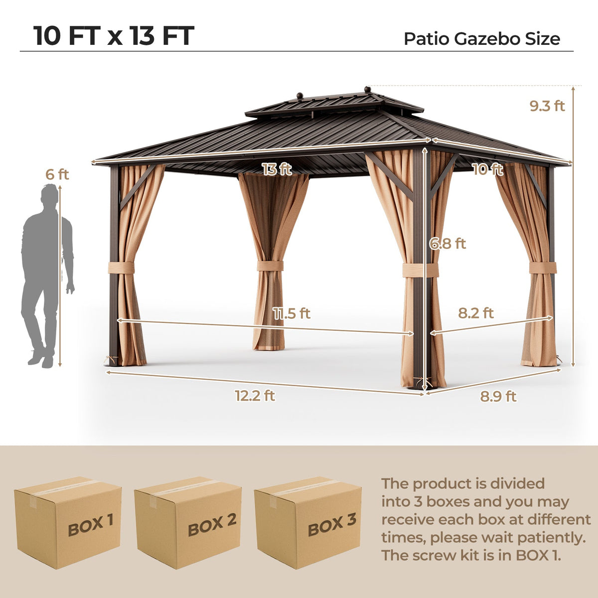 10 x 13 gazebo size diagram showing a 13 x 10 roof, 12.2 x 8.9 base, and 9.3 ft height.