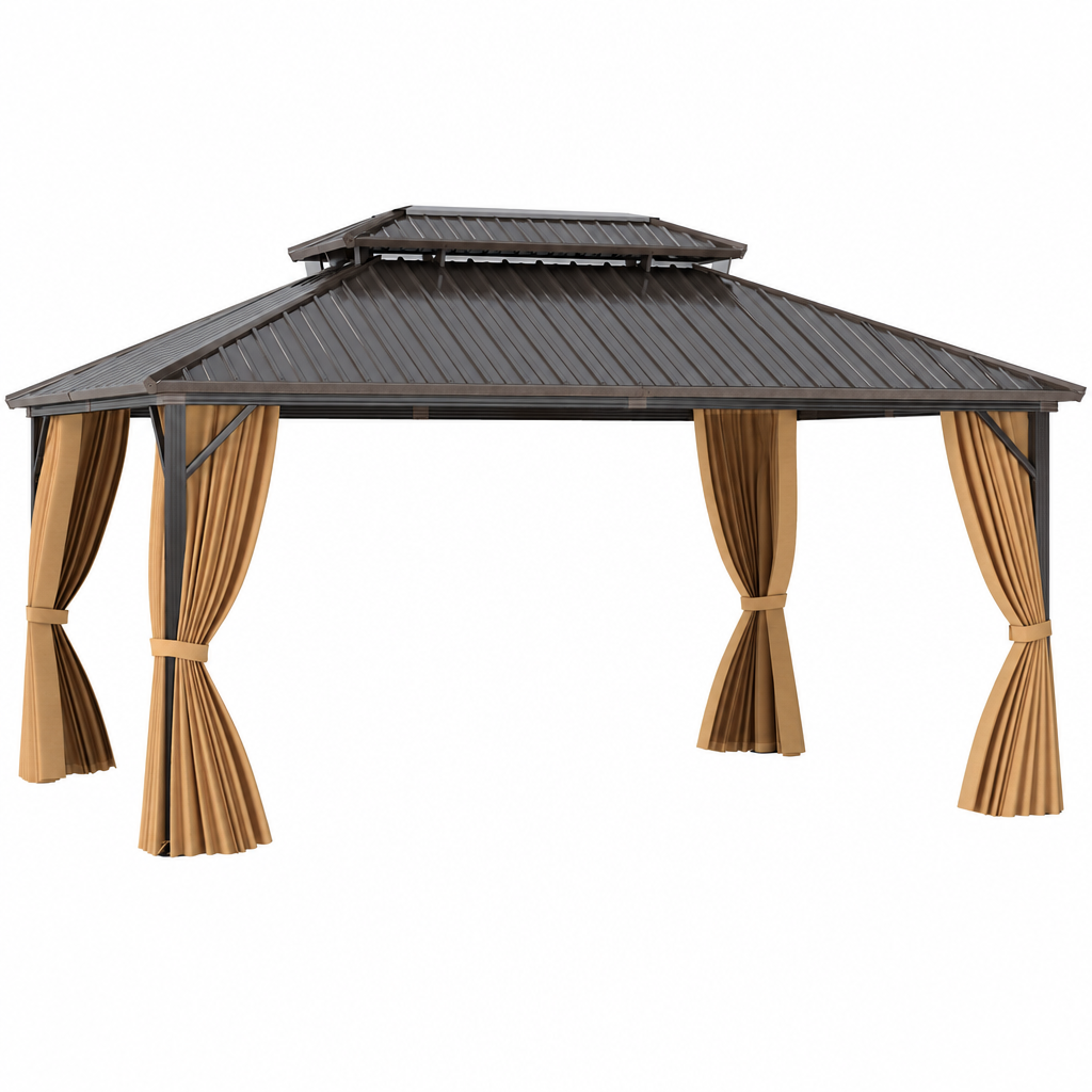 16 x 12 hardtop gazebo with double metal roof and tan curtains, angled view on a white background.