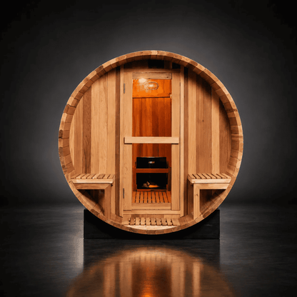 Front view of a red cedar barrel sauna with two interior benches and a central glass door.