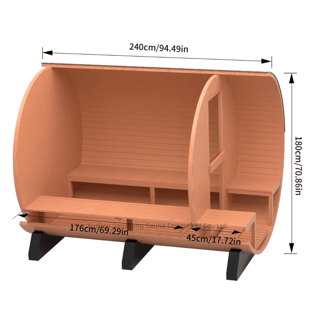 Interior of red cedar sauna showing the back bench, side bench, and glass entry door.
