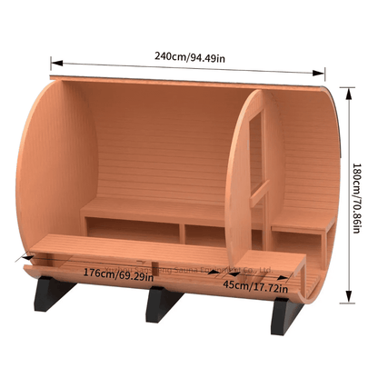 Interior of red cedar sauna showing the back bench, side bench, and glass entry door.