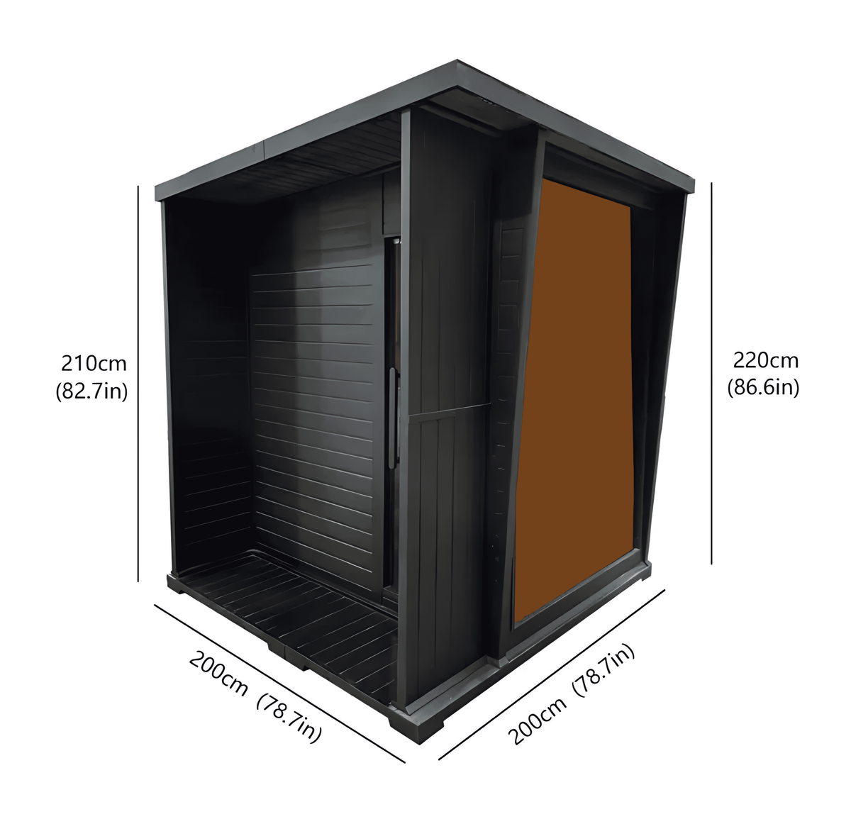 Black four-person hemlock sauna shown from an angled exterior view with dimension markings.