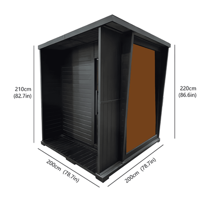 Black four-person hemlock sauna shown from an angled exterior view with dimension markings.