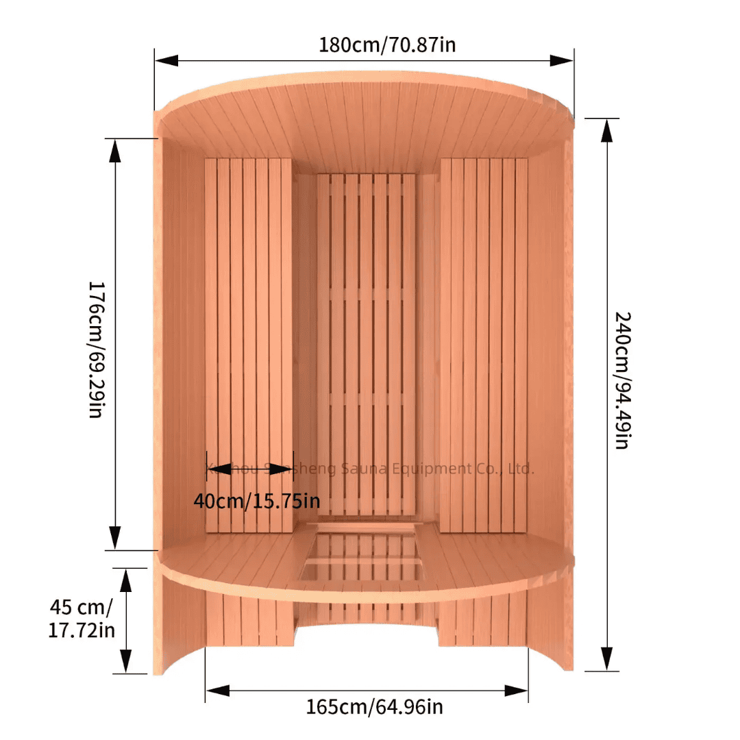 Red cedar sauna interior with bench and seating dimensions marked.