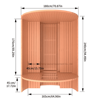 Red cedar sauna interior with bench and seating dimensions marked.