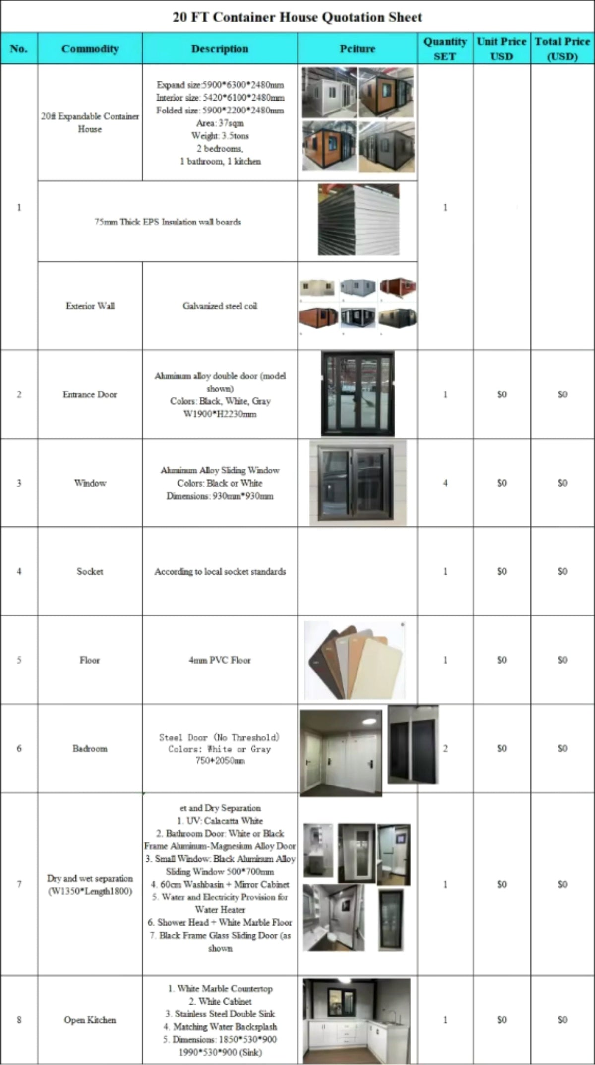 A 20 FT container house quotation sheet spreadsheet showing a detailed itemized list with product photos, dimensions, materials, and pricing for fixtures, flooring, and cabinetry.
