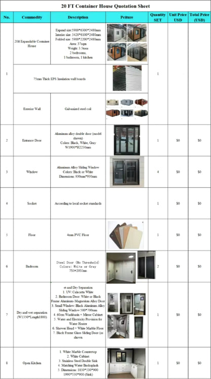 A 20 FT container house quotation sheet spreadsheet showing a detailed itemized list with product photos, dimensions, materials, and pricing for fixtures, flooring, and cabinetry.