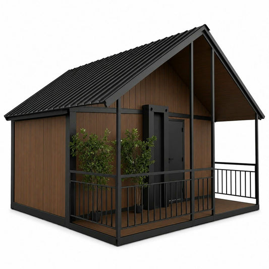 Brown-and-black tiny home exterior render with a gabled roof, covered porch, and black railings