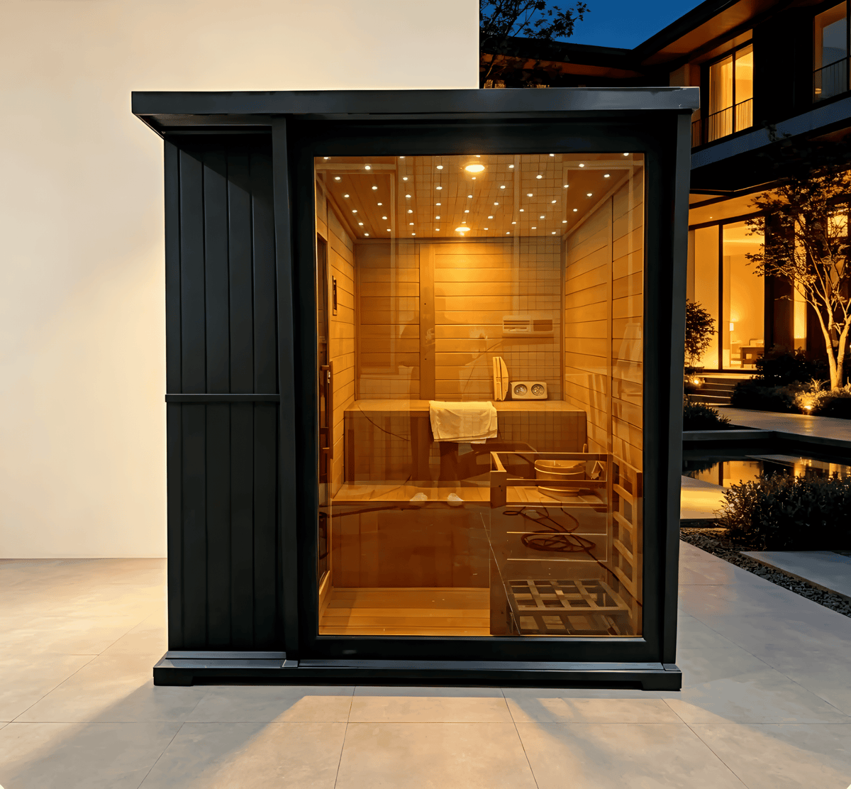 Black four-person hemlock sauna glowing at dusk beside a modern home and pool.