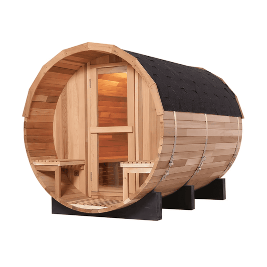 Red cedar barrel sauna with arched roof and glass door shown from an angled exterior view on a white background.