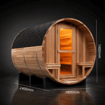 Red cedar barrel sauna shown with exterior dimensions of 2400 by 1800 by 1900 millimeters.