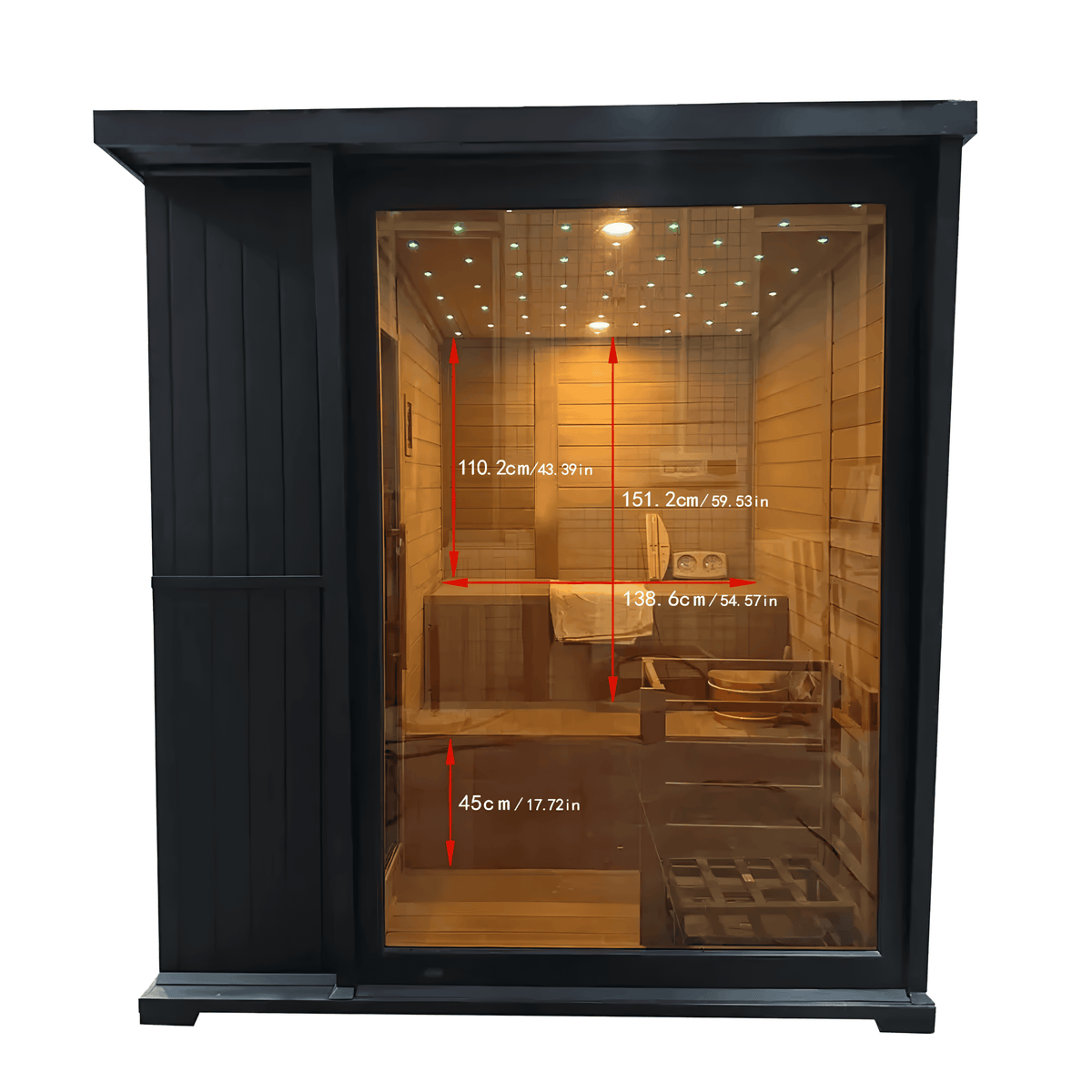 Front view of black four-person hemlock sauna with interior dimension markings.