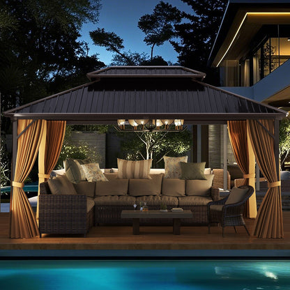 16 x 12 hardtop gazebo with tied-back curtains and outdoor seating beside a pool at dusk.