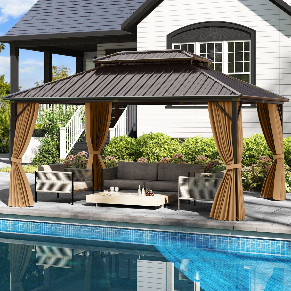 16 x 12 hardtop gazebo with outdoor seating beside a pool in a landscaped backyard.
